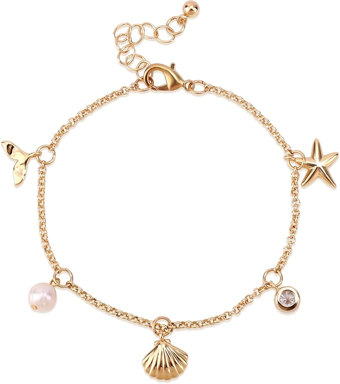 Mikovivi Shell Starfish Bracelet, Boho Adjustable Seashell Bracelet Gold Summer Beach Personalized Summer Jewelry Pretty Accessory for Women