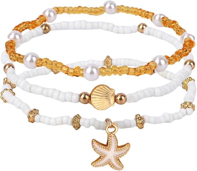 Mikovivi 3pcs Boho Shell Anklet Set for Women, Stretchable Beach Starfish Pearl Beads Seashell Ankle Bracelets Summer Fashion Foot Jewelry for Vacation Seaside Party Gift