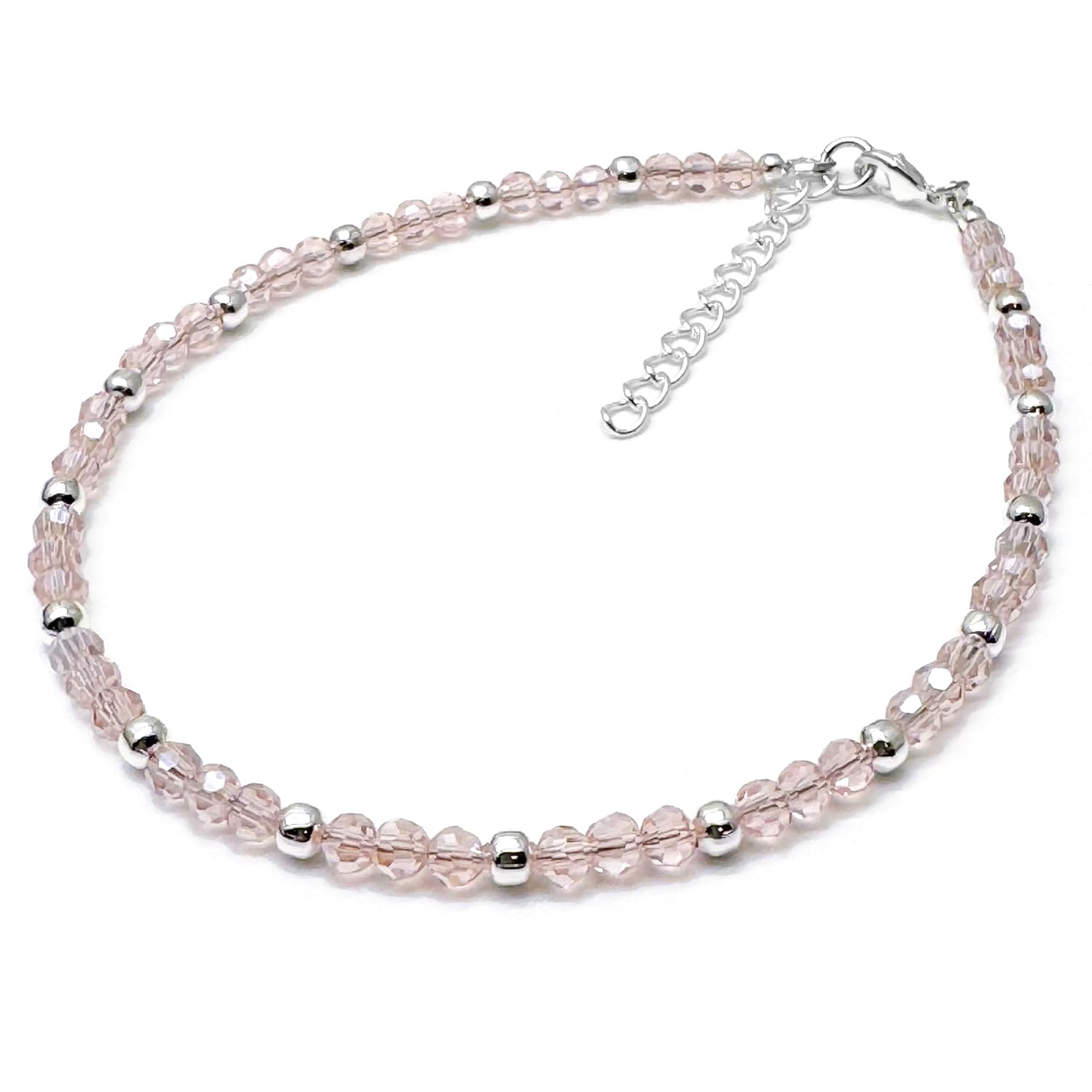 Plus Size Baby Pink Glass Bead Anklet with Silver Beads, Handmade Cute Summer Boho Design : Large - XXL 11-13 inches, 4mm Pale Shimmery Faceted Beads