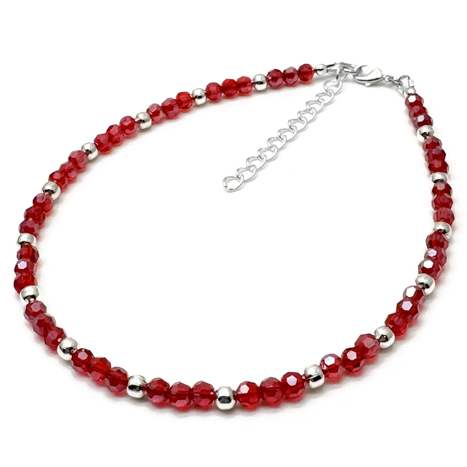 Plus Size Bright Red Glass Bead Anklet with Silver Beads, Handmade Cute Summer Boho Design : Large - XXL 11-13 inches, 4mm Shimmery Faceted Beads
