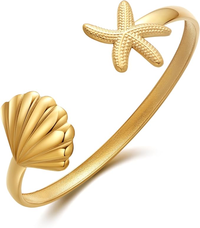 WOWORAMA Gold Shell Cuff Bracelets for Women Trendy Boho Open Cuff Bangles Vintage Statement Gold Bangle Bracelet Irregular Gold Arm Cuffs