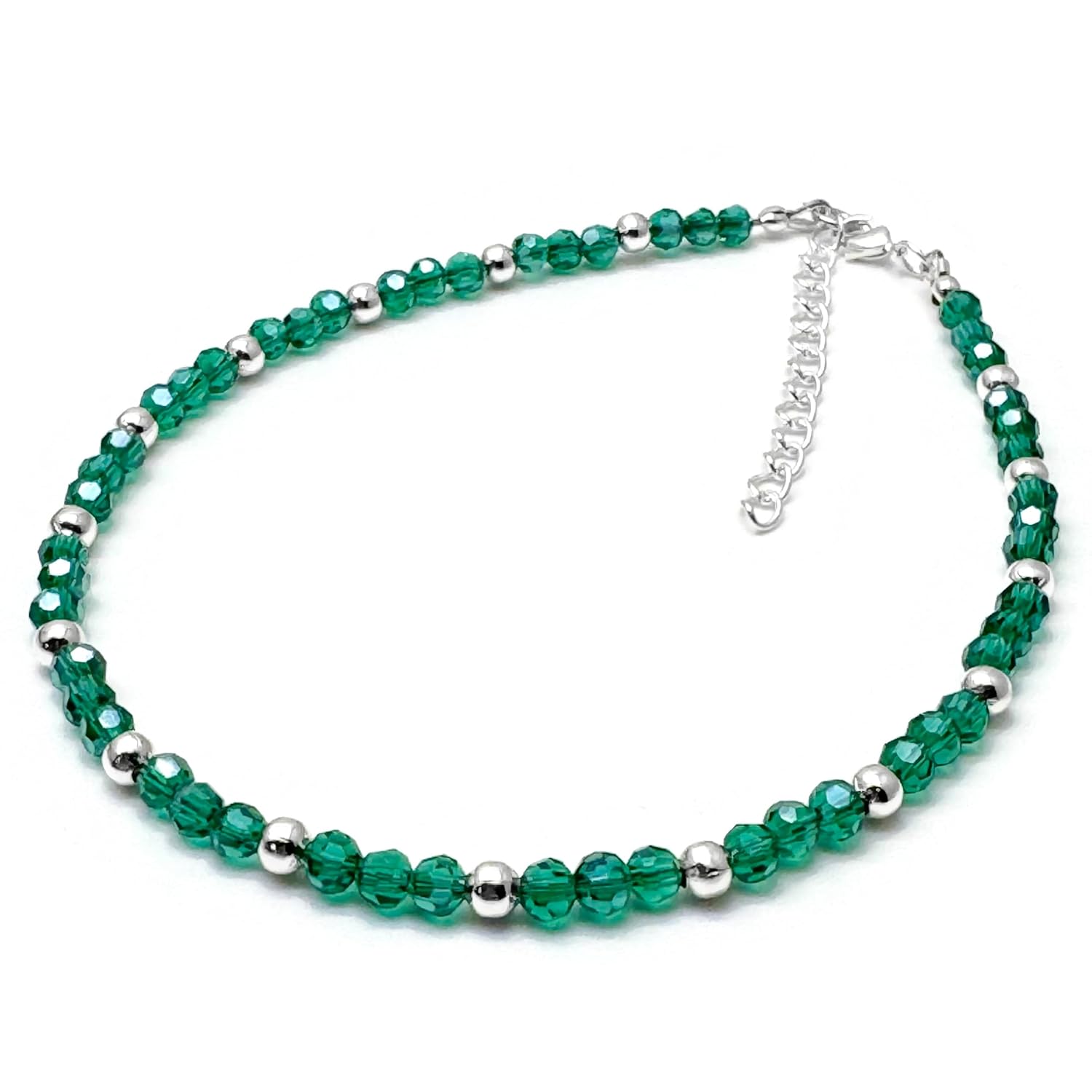 Plus Size Sea Green Glass Bead Anklet with Silver Beads, Handmade Cute Summer Boho Design : Large - XXL 11-13 inches, 4mm Shimmery Faceted Teal Beads